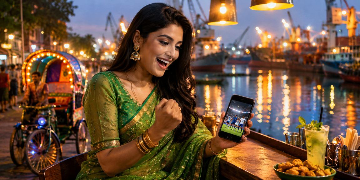 ঢাকায় শাড়ি পরা নারীর মোবাইলে ক্যাসিনো গেম খেলার দৃশ্য